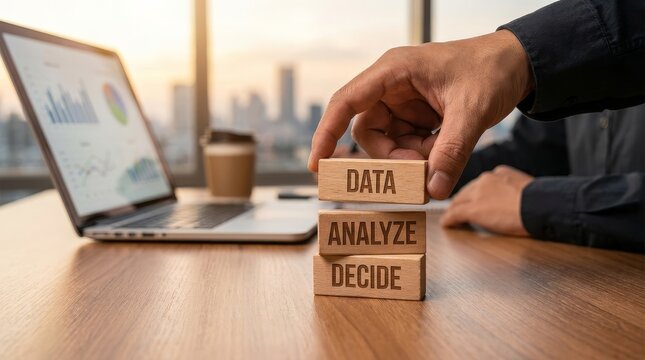 Hand stacking blocks labelled data analyze decide
