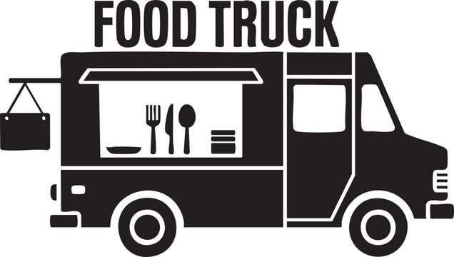 Minimal black food truck silhouette vector with cutlery window icon, street food vehicle illustration isolated on white background