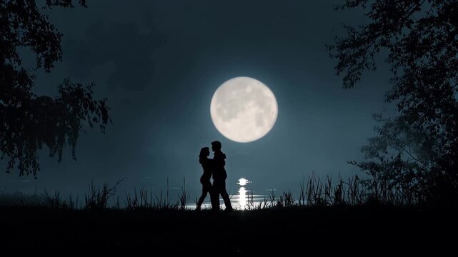 Couple silhouetted against full moon light with trees in atmospheric night scene
