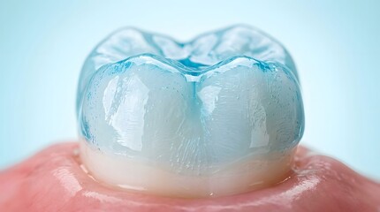 Fototapeta premium Close up studio macro shot of a white ceramic tooth crown placed on a pink gum model.