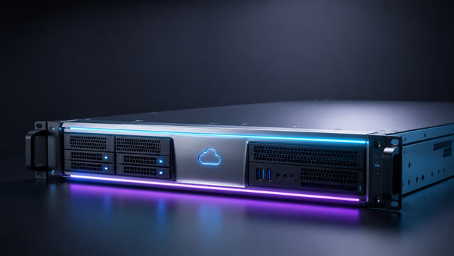 Futuristic Cloud Server Rack with Neon Cyber Security Lighting