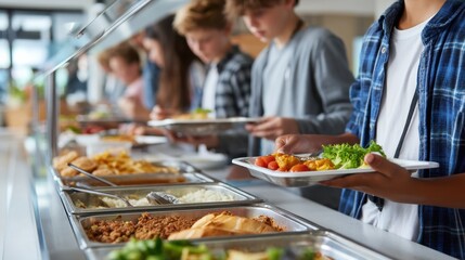Obraz premium A group of enthusiastic students joyfully holding trays of colorful food in a modern school cafeteria
