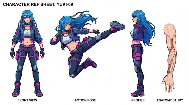 Anime character reference sheet with dynamic action poses and details