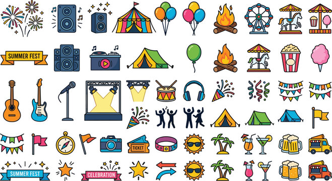 Vibrant event entertainment doodles bundle showcasing dj booth speakers spotlights popcorn cotton candy beer mugs and dancing silhouettes flat vector icons