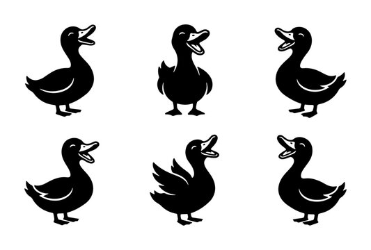 Six Black Duck Silhouettes, Cartoon Style, Isolated Vector Graphics for Wildlife and Farm Themes