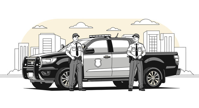 Two men standing beside pickup truck.