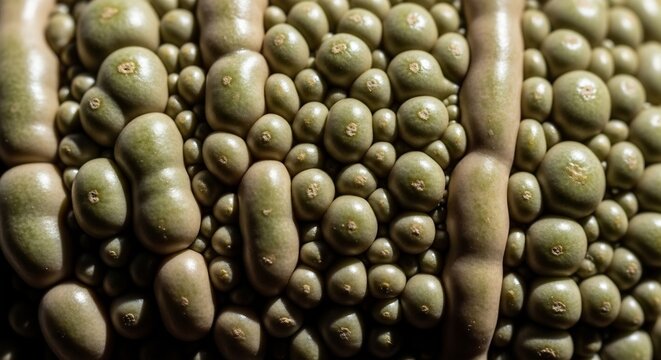 Close-up of a textured green surface with bulbous protrusions creating a unique pattern.