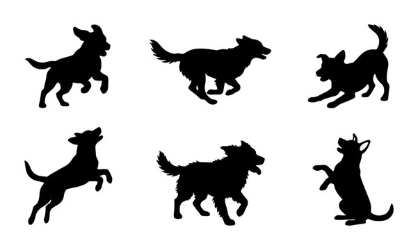 Diverse Dog Silhouettes Collection, Playful Canine Poses Vector Pack, Active Pet Graphics for Animal Lovers