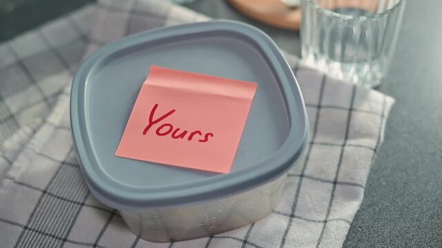A hand places a sticky note yours on a food container to indicate ownership. The action takes place in a kitchen area with a towel and a glass nearby
