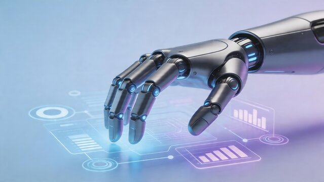 Futuristic robotic hand interacting with digital interface