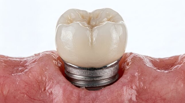 Close up macro view of a ceramic dental crown attached to a titanium implant screw inside artificial gum tissue.