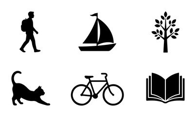 Silhouette Icons: Walker, Sailboat, Tree, Cat, Bicycle, Open Book, Vector Graphics for Lifestyle, Travel, and Leisure Themes © Mohammad