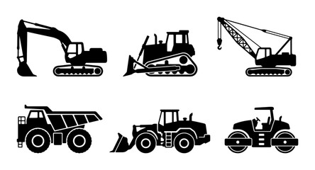 Heavy Construction Equipment Icons Set, Excavator, Bulldozer, Crane, Dump Truck, Loader, Roller, Industrial Machinery Vector Graphics © Sharmin