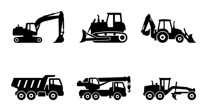 Heavy Construction Equipment Icons Set, Excavator, Bulldozer, Crane, Dump Truck, Grader, Backhoe Loader Vector Graphics for Industry and Building Projects