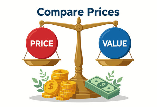 Golden Balance Scale Comparing Price and Value with Coins and Cash