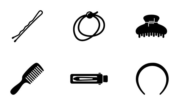 Hair Accessories Collection, 6 Vector Icons: Bobby Pin, Scrunchie, Claw Clip, Comb, Barrette, Headband, Essential Styling Tools for Beauty and Fashion Graphics