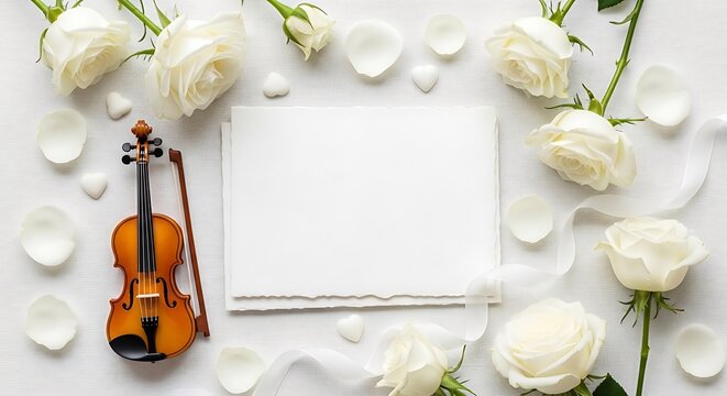 Classic wooden violin with a bow and elegant white roses arranged around a blank paper for copy space music theme