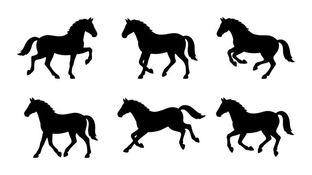 Six Silhouette Horse Vector Icons, Galloping and Standing Equine Poses, Black Animal Graphics for Equestrian and Farm Themes