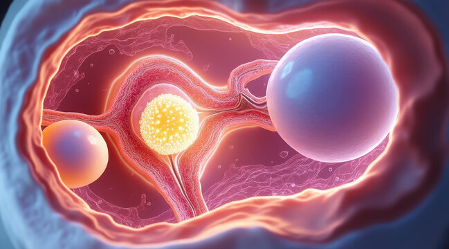 IVF and Embryo concept ,Fertilization process with egg and sperm cells inside fallopian tube showing early embryo development