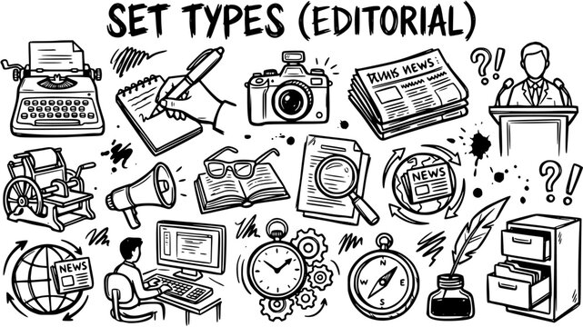 Black  White Line Art Doodle Icons Set for Journalism, News, Editorial, and Media Communication. Hand-Drawn Sketch Elements for Reporting and Publishing.