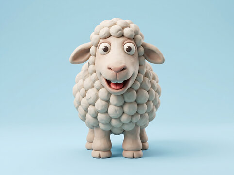 Cute 3D plasticine sheep standing front view, cheerful clay cartoon farm animal