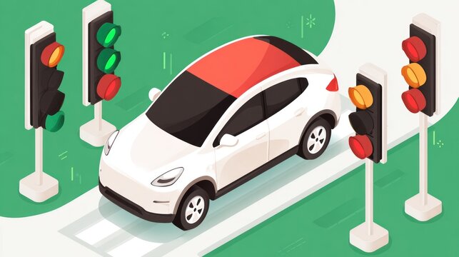 Modern White Car Navigating Traffic Lights Intersection Isometric View.