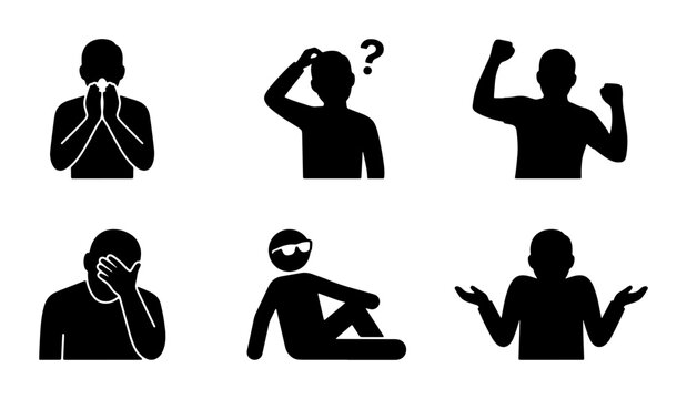 Diverse Human Emotion Icons, Silhouette Figures Expressing Feelings, Simple People Poses Collection, Vector Graphics for Mood and Expression