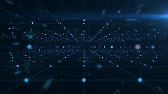 Digital abstract grid background with glowing blue nodes and lines in dark space view