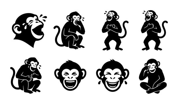 Chimpanzee Expressions Vector Set, Funny Monkey Emotions, Playful Primate Icons, Laughing Ape Silhouettes, Humorous Animal Graphics