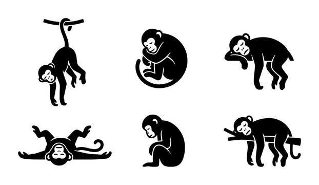 Six Black Monkey Icons, Vector Set: Playful Primate Poses, Wildlife Silhouettes for Graphic Design, Animal Illustration Collection