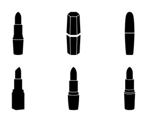 Obraz premium Set of 6 Black Lipstick Icons, Vector Graphics for Beauty and Cosmetics, Makeup Product Silhouettes for Fashion and Glamour