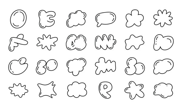 Assortment of playful hand-drawn bubble shapes and speech balloons in black outline