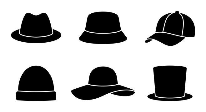 Diverse Hat Collection Vector Icons, Headwear Silhouettes for Fashion and Accessory Design, Six Black Head Coverings