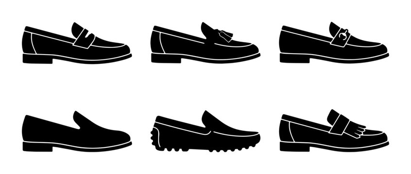 Set of 6 Black Loafer Shoe Silhouettes, Classic Footwear Styles, Versatile Fashion Icons for Men's Apparel and Accessories Design