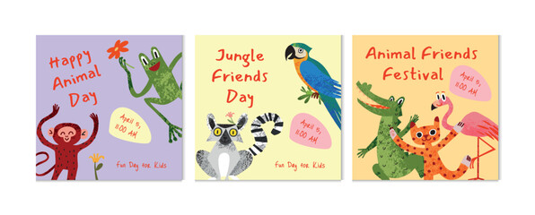 Set of Animal festival cards with Monkey, Frog, Lemur, Parrot, Crocodile, Cat and Flamingo. Childish flat vector illustration, greeting posters and invitations for children © roze ultra