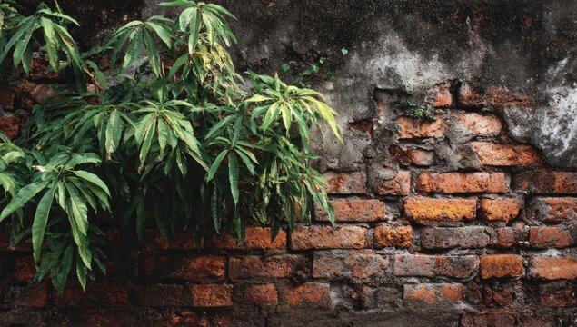 Green foliage grows on a crumbling, weathered brick wall with dark, textured decay