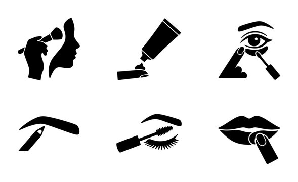 Makeup Application Icons Set, Beauty Routine Vector Graphics, Cosmetic Application Symbols, Female Face Adornment Illustrations