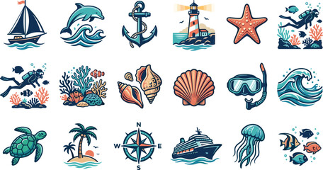 Fototapeta premium Nautical marine life and ocean adventure vector icon collection with sailing boat lighthouse scuba diver coral reef and sea animals