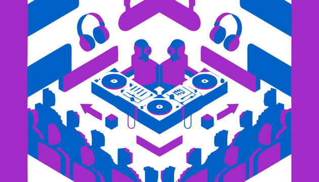 Dj booth with two djs and crowd viewed from above in purple and blue hues at a nightclub event