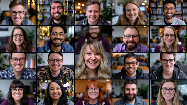 A diverse remote team celebrates a product milestone via video call, party poppers and paper streamers visible in different home backgrounds, genuine unscripted joy across every tile, ideal for remo
