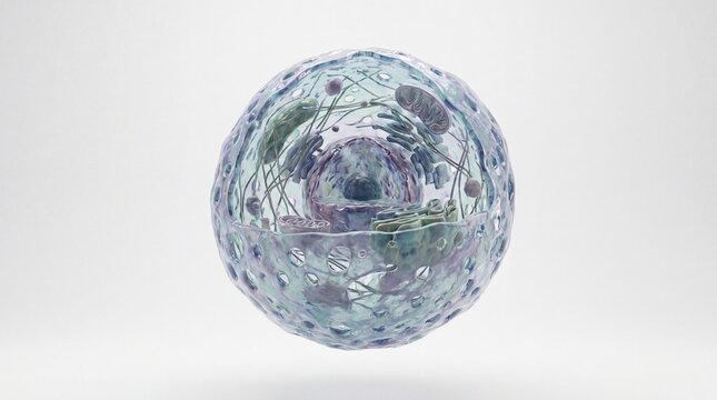 Biotech cell structure under microscope, scientific research concept