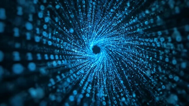 Blue binary code tunnel abstract background representing digital data flow and network