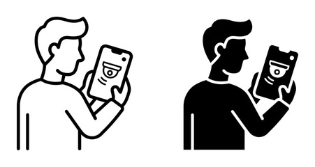 Man holding smartphone with security camera app, outline and silhouette icons, for surveillance and monitoring © Bundleart