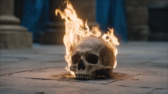 Skull on Fire in Ancient Ruins.