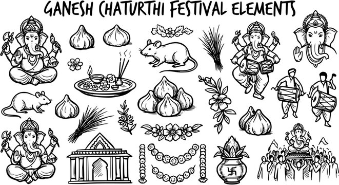 Ganesh Chaturthi Festival Elements Black and White Line Art Set. Hand-drawn Lord Ganesha, Modak, Puja, and Celebration Doodles for Indian Hindu Culture.