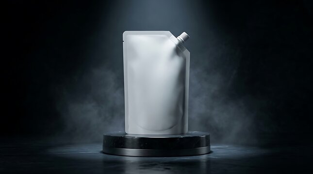 Blank white pouch with a plastic spout for liquid product packaging displayed on a round pedestal in dark smoke