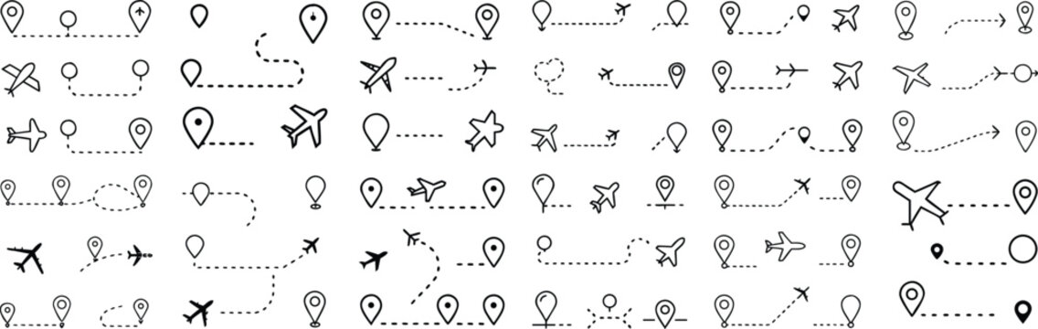 A collection of travel icon set, depicting airplanes and location pins with dotted lines representing flight paths and destinations.