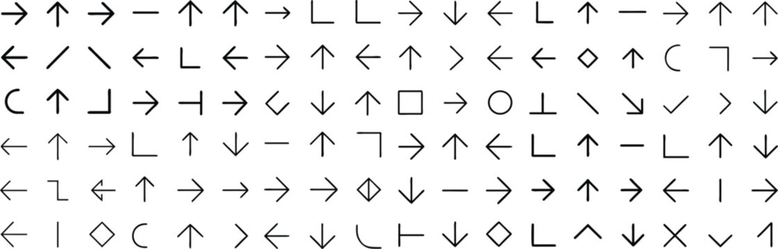 A collection of assorted arrows in various styles and directions, displayed against a stark white background, offering a versatile graphic resource for design and navigation.