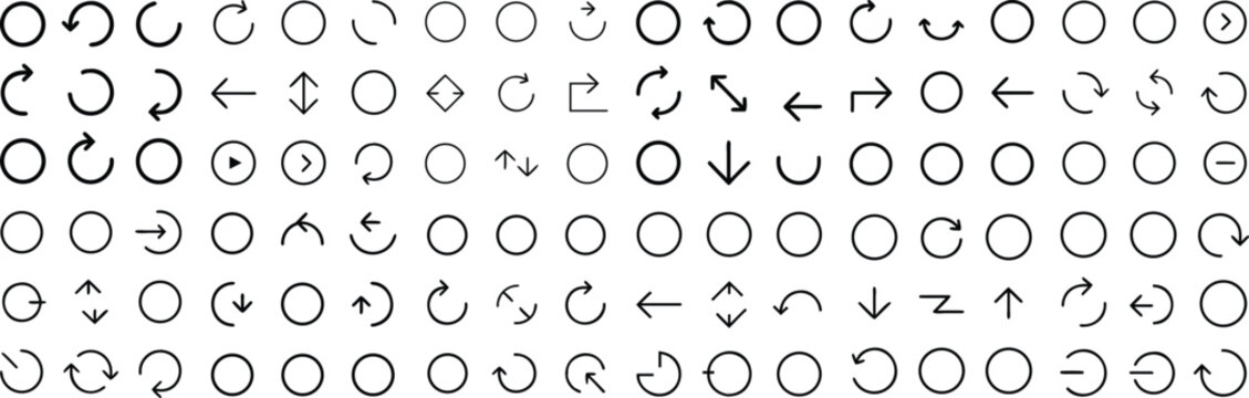 A collection of various refresh, reload, and circular arrow icons arranged in a grid pattern on a white background.