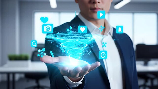 Businessman holding a glowing digital funnel interface with floating social icons now